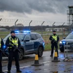Armed police officers at a road checkpoint near RAF Fairford airbase at dusk
