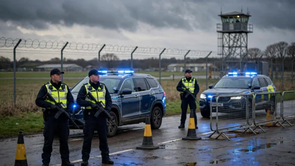 Armed police officers at a road checkpoint near RAF Fairford airbase at dusk