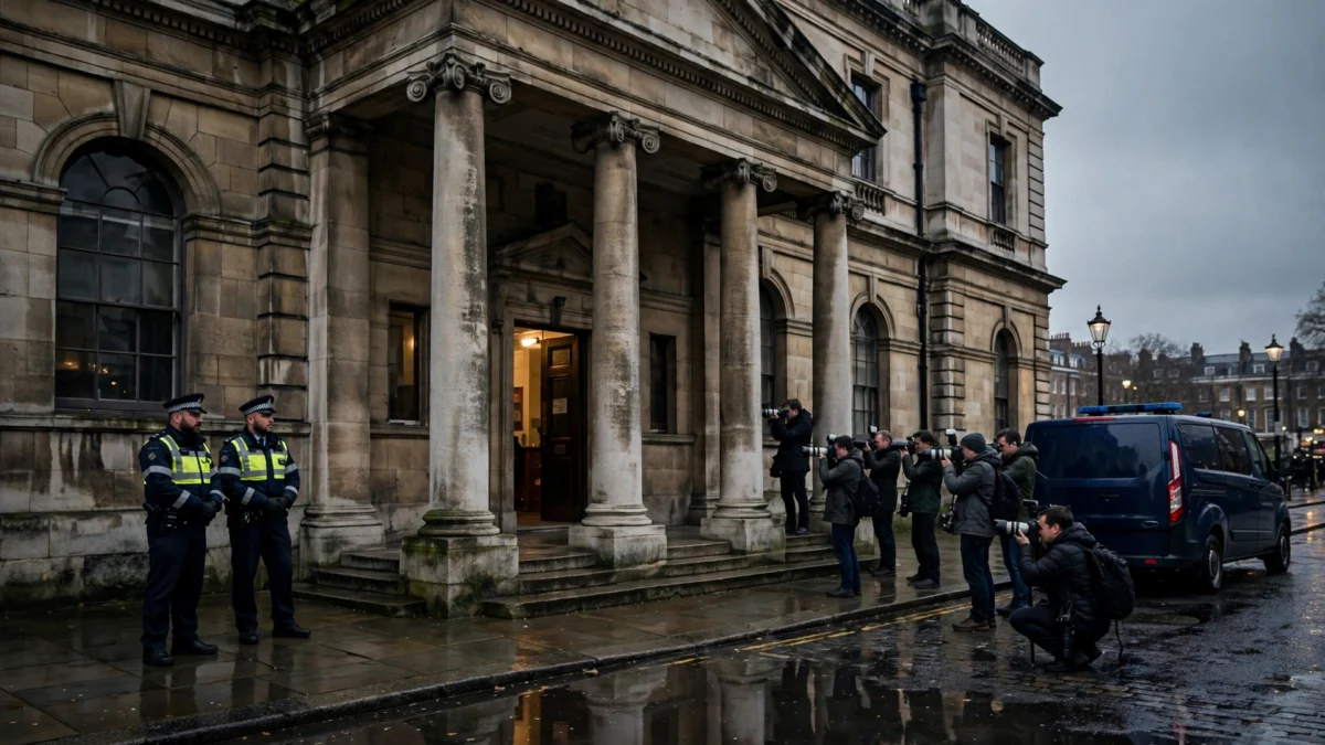 Exterior of Westminster Magistrates' Court in London with police officers and press photographers on the steps at dusk.