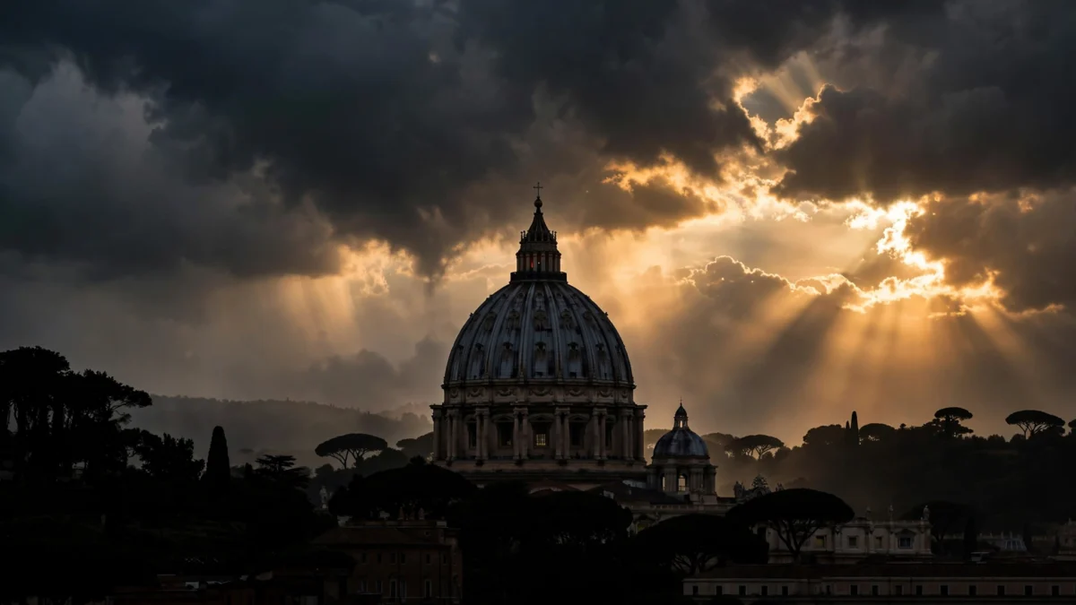 Dome of St Peter's Basilica at dusk under dramatic clouds — editorial illustration for a column on Pope Leo XIV's lung cancer diagnosis