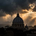 Dome of St Peter's Basilica at dusk under dramatic clouds — editorial illustration for a column on Pope Leo XIV's lung cancer diagnosis