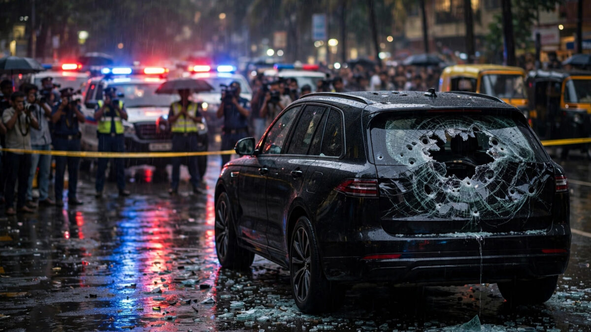 Editorial illustration: a black SUV with a bullet-shattered rear window at a night police cordon in Mumbai, for the column 'The Gun Returns to Bollywood'