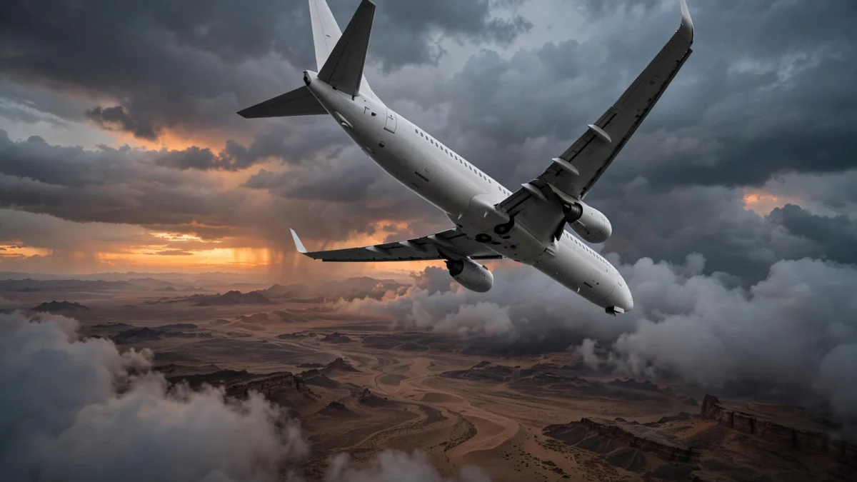 A commercial passenger jetliner descending through dramatic dusk clouds over desert during an emergency diversion
