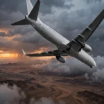 A commercial passenger jetliner descending through dramatic dusk clouds over desert during an emergency diversion