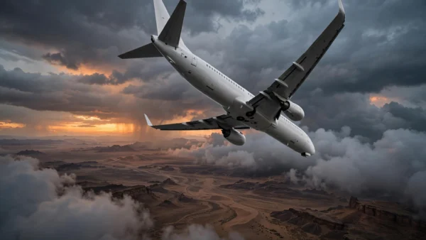 A commercial passenger jetliner descending through dramatic dusk clouds over desert during an emergency diversion