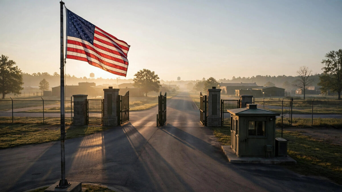 The main gate of a US Army military base at dawn with an American flag flying, ahead of the announced December 3 firing-squad execution at Fort Hood