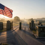 The main gate of a US Army military base at dawn with an American flag flying, ahead of the announced December 3 firing-squad execution at Fort Hood