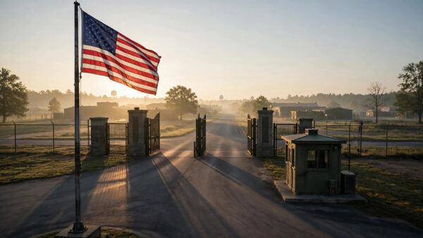 The main gate of a US Army military base at dawn with an American flag flying, ahead of the announced December 3 firing-squad execution at Fort Hood