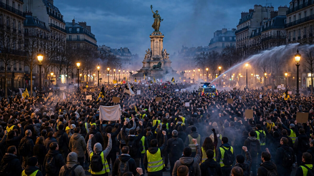 Demonstrators in yellow vests mass at Paris's Place de la République during the October 2026 cost-of-living protests, with a police water cannon in the distance.
