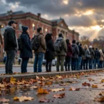 Long line of voters queueing outside a polling station at dusk ahead of the 2026 US midterm elections