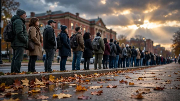 Long line of voters queueing outside a polling station at dusk ahead of the 2026 US midterm elections