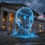 Holographic AI face above a US federal government building in Washington DC at dusk, symbolising the FTC's probe into Anthropic and OpenAI.