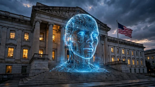 Holographic AI face above a US federal government building in Washington DC at dusk, symbolising the FTC's probe into Anthropic and OpenAI.