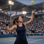 A female tennis player serving under floodlights on a packed hard-court stadium in Beijing during the China Open.