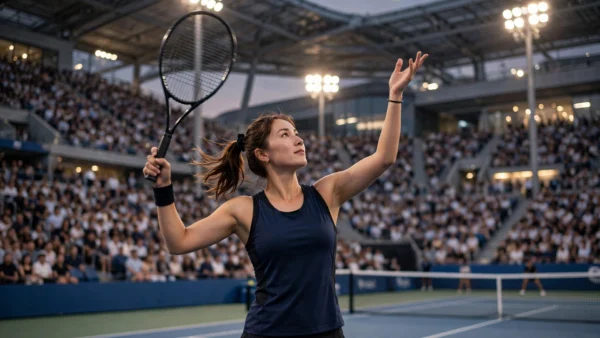 A female tennis player serving under floodlights on a packed hard-court stadium in Beijing during the China Open.