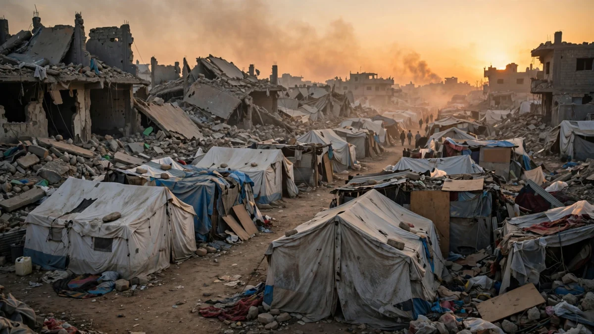 Rows of tents and makeshift shelters among rubble and damaged buildings in a Gaza displacement camp at dusk, smoke haze on the horizon