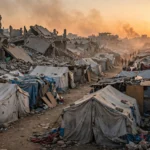 Rows of tents and makeshift shelters among rubble and damaged buildings in a Gaza displacement camp at dusk, smoke haze on the horizon