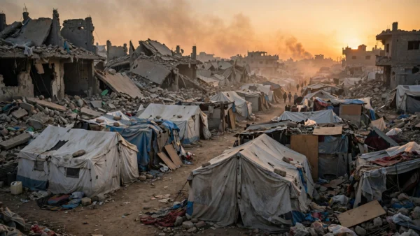Rows of tents and makeshift shelters among rubble and damaged buildings in a Gaza displacement camp at dusk, smoke haze on the horizon