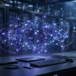Holographic neural network glowing over a workstation in a dark AI data centre, symbolising Google's new Gemini 4 Argon model