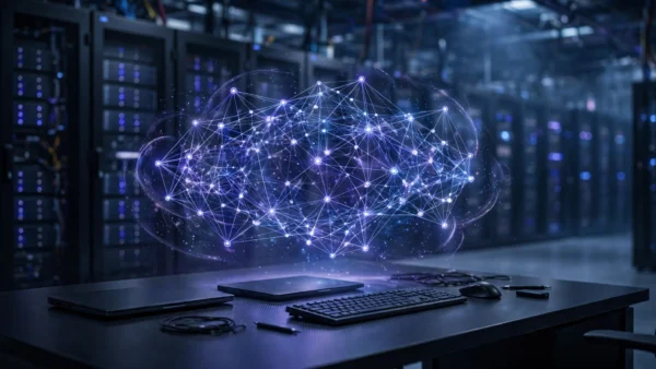Holographic neural network glowing over a workstation in a dark AI data centre, symbolising Google's new Gemini 4 Argon model