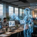 A glowing holographic AI agent figure made of blue light working alongside office professionals at desks with computer monitors and floating holographic charts in a modern office