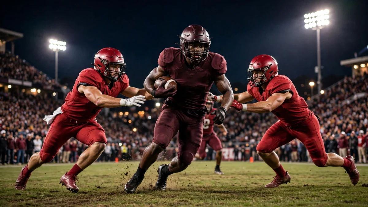 Night-time American college football game at a packed stadium under floodlights, a running back in a dark red jersey breaking through two crimson-jersey defenders