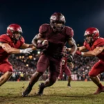 Night-time American college football game at a packed stadium under floodlights, a running back in a dark red jersey breaking through two crimson-jersey defenders