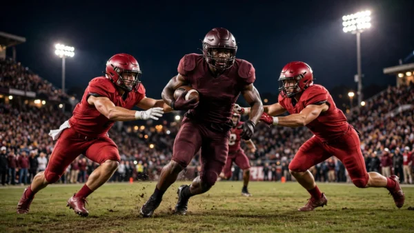 Night-time American college football game at a packed stadium under floodlights, a running back in a dark red jersey breaking through two crimson-jersey defenders