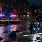 Night-time police crime scene on a small-town street in Vienna, Georgia, with flashing patrol cars and investigators examining evidence after a block party shooting.