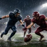 Rain-soaked American football scene at night as a running back fumbles the ball with defenders converging, illustrating the Giants' overtime collapse against the Commanders in their 27-27 NFL tie.