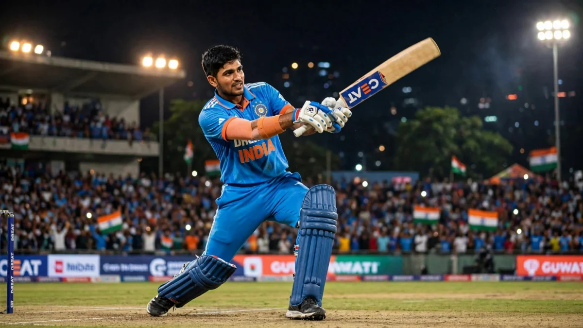 Indian batsman playing a shot during a night one-day international at a packed stadium in Guwahati.