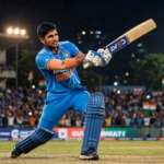 Indian batsman playing a shot during a night one-day international at a packed stadium in Guwahati.