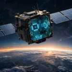 Prototype AI satellite with glowing computer circuitry and extended solar panels orbiting Earth above a glowing dawn horizon