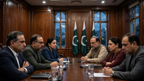 Pakistani government and opposition delegations in tense talks across a conference table beneath Pakistani flags