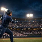 A baseball batter swings under the stadium lights at night during Game 1 of the 2026 American League Championship Series between the Cleveland Guardians and the Tampa Bay Rays