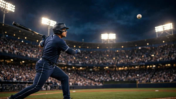 A baseball batter swings under the stadium lights at night during Game 1 of the 2026 American League Championship Series between the Cleveland Guardians and the Tampa Bay Rays