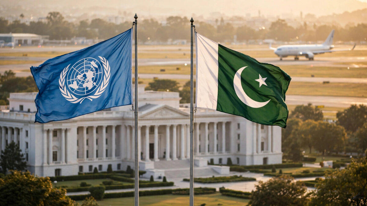 United Nations and Pakistan flags flying side by side outside a government building in Islamabad, with an arriving aircraft in the background