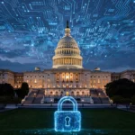 The US Capitol building at dusk under a glowing blue digital circuit network with a luminous padlock in the foreground, symbolizing the proposed AI Agent Accountability Act on cybersecurity.
