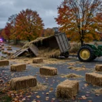 Overturned hay wagon with scattered hay bales on a rural upstate New York road, emergency vehicle lights in the distance