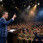 US Secretary of War Pete Hegseth addressing uniformed troops at Marine Corps Base Quantico, with American flags flanking the stage