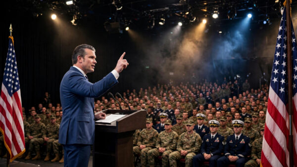 US Secretary of War Pete Hegseth addressing uniformed troops at Marine Corps Base Quantico, with American flags flanking the stage