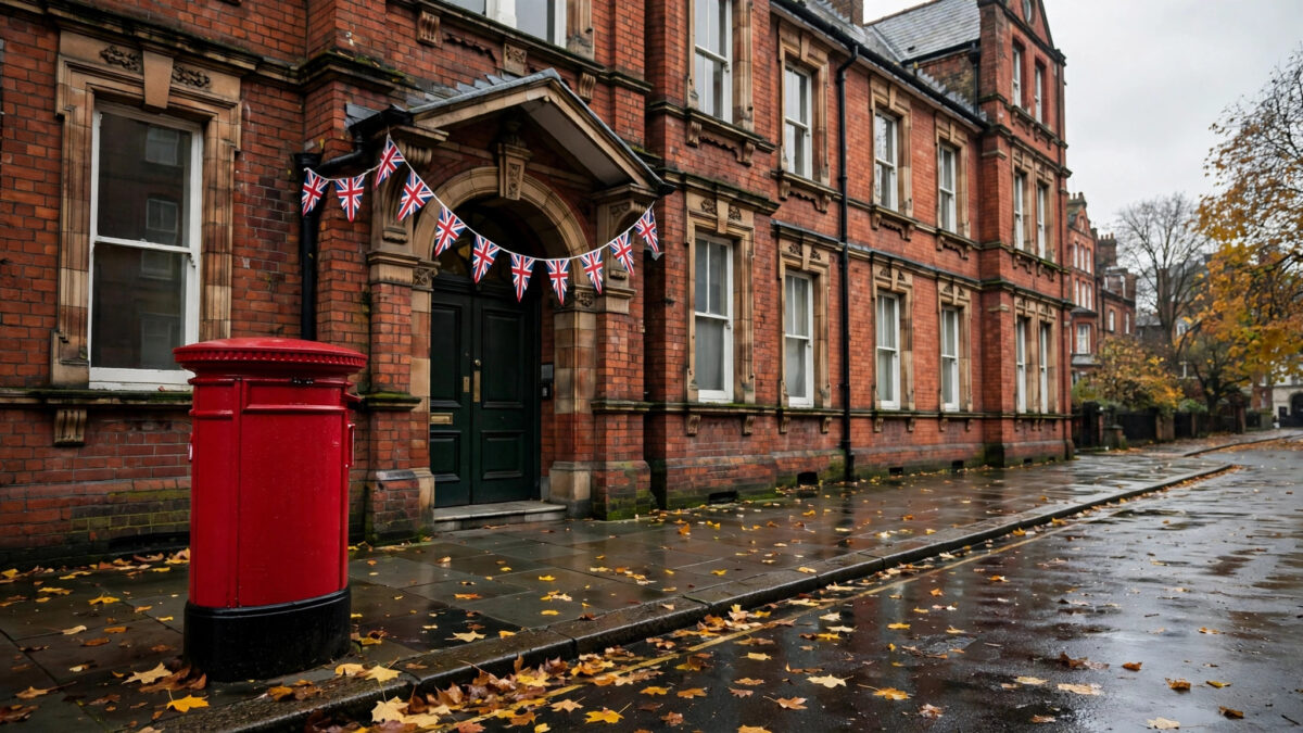 Victorian brick polling station in Camden, London, draped with Union Jack bunting, with a classic red British post box and autumn leaves on a wet pavement on an overcast autumn morning.