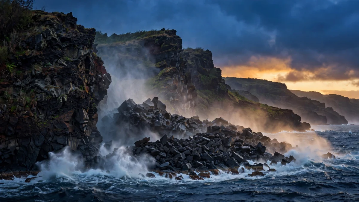 A rugged volcanic coastline at dusk where a natural sea arch once stood, waves crashing against the cliffs of Hawaii Volcanoes National Park