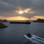A crude oil supertanker sailing through the Strait of Hormuz at dusk with a distant smoke column on the horizon and a patrol boat in the foreground.