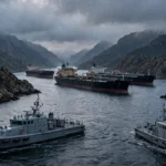 Oil supertankers stopped in the Strait of Hormuz at dusk as Iranian naval patrol boats block the waterway.