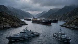 Oil supertankers stopped in the Strait of Hormuz at dusk as Iranian naval patrol boats block the waterway.