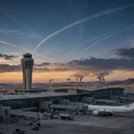 An international airport at dusk with control tower and parked airliner, missile contrails crossing the sky and smoke columns on the horizon.