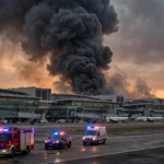 Smoke rises over an airport terminal at dusk with emergency vehicles responding after missile strikes.