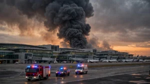 Smoke rises over an airport terminal at dusk with emergency vehicles responding after missile strikes.