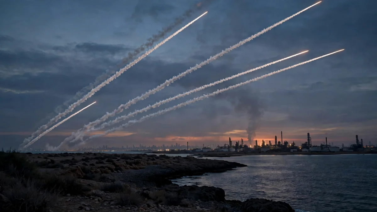 Missile contrails streaking across a dusk sky over a Red Sea coastal oil refinery, illustrating the Houthis' claimed retaliatory strikes on targets inside Saudi Arabia.